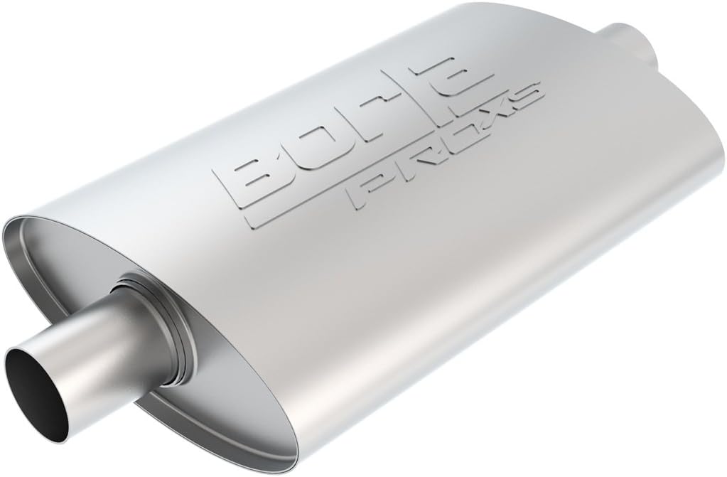 BORLA 40364 ProXS Universal Perfrormance Muffler 2.5" Center Inlet 2.5" Center Outlet 4" x 9.5" Oval x 14" Long Body 19" Overall Length Un-Nothed Necks Reversible Design T-304 Stainless Steel