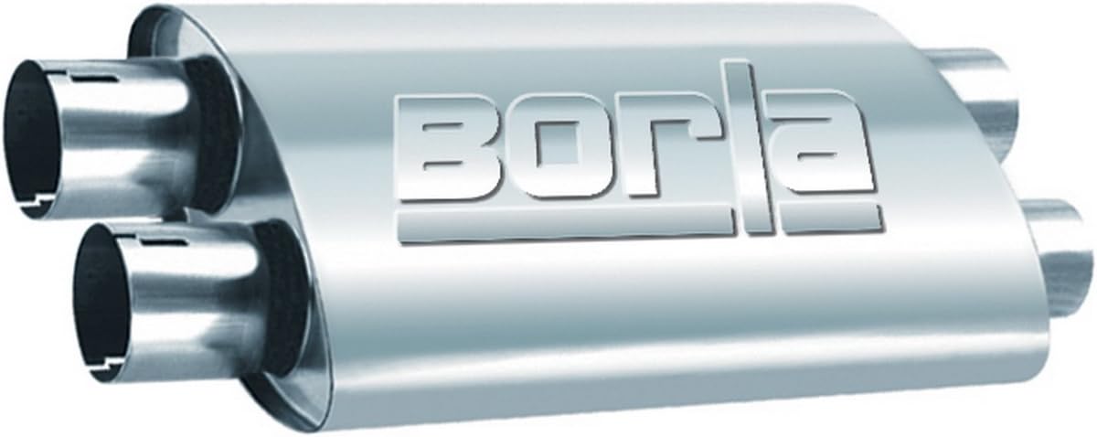 BORLA 400287 ProXS ProXS Muffler 2.25" Dual Inlet/ 2.25" Dual Outlet, 4" x 9.5" Oval, 19" Long Body, 24" Overall Length. Internal X-Pipe. Universal Part. Reversible Design.