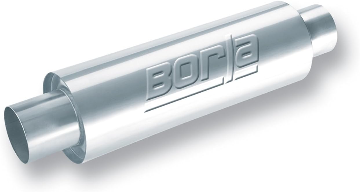 BORLA 40085 XR-1 Sportsman Univ. Perf. Muffler 3" Single Center Inlet / 3" Single Center Outlet 5" Round x 15" Long Body 20" Overall Length Un-Notched Necks Reversible Design T-304 Stainless Steel