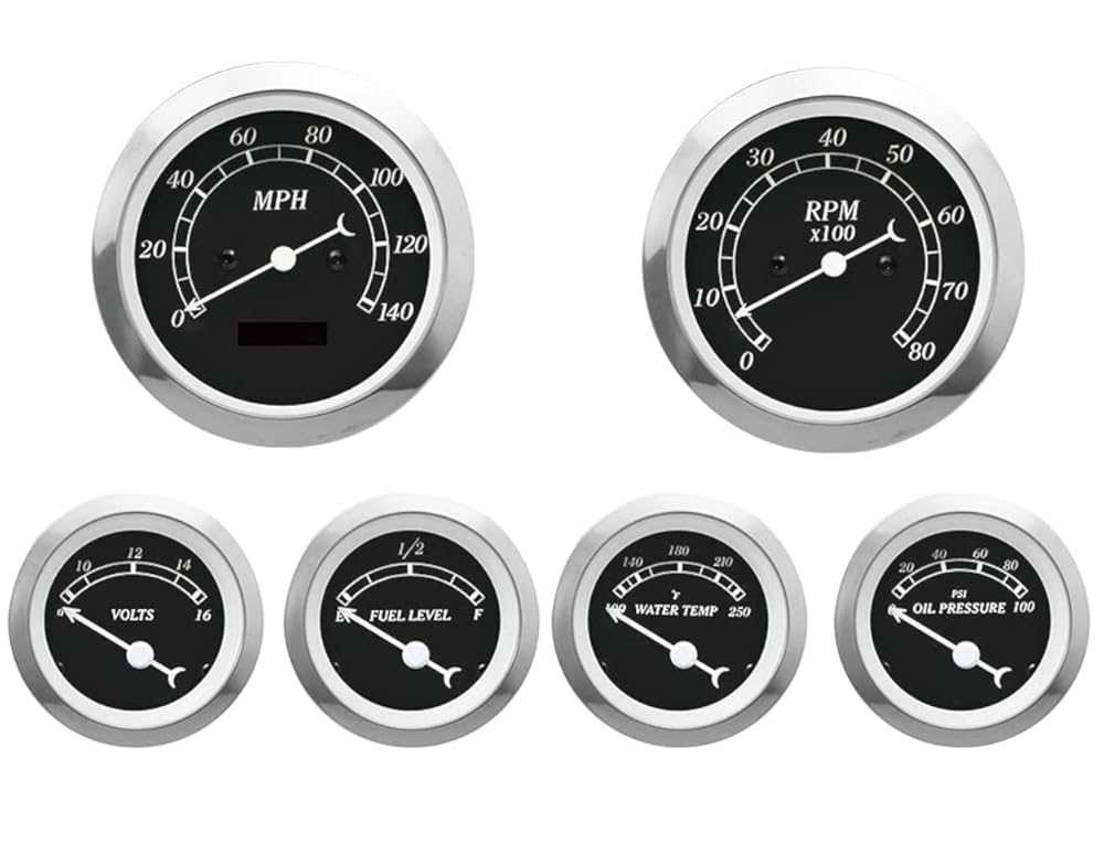 MOTOR METER RACING Classic 6 Gauge Set with ECU Based Electrical Speedometer Digital Odometer Black Dial White Needle Light Bulb Illumination 85mm 3-3/8" & 52mm 2-1/16" CLASSIC Electrical Speedometer Black Dial