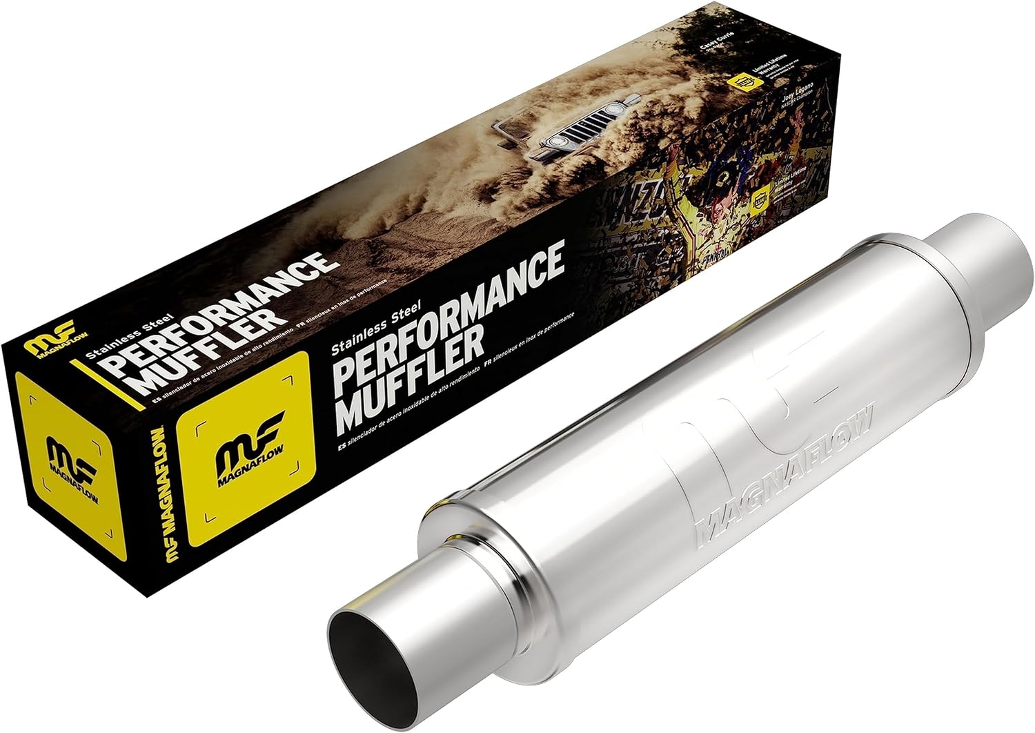 MagnaFlow Performance Exhaust Muffler 10416: 2.5"/2.5" Inlet/Outlet, 4x4x14" Round, Stainless Steel, Satin Finish 2.5 in. Inlet/Outlet
