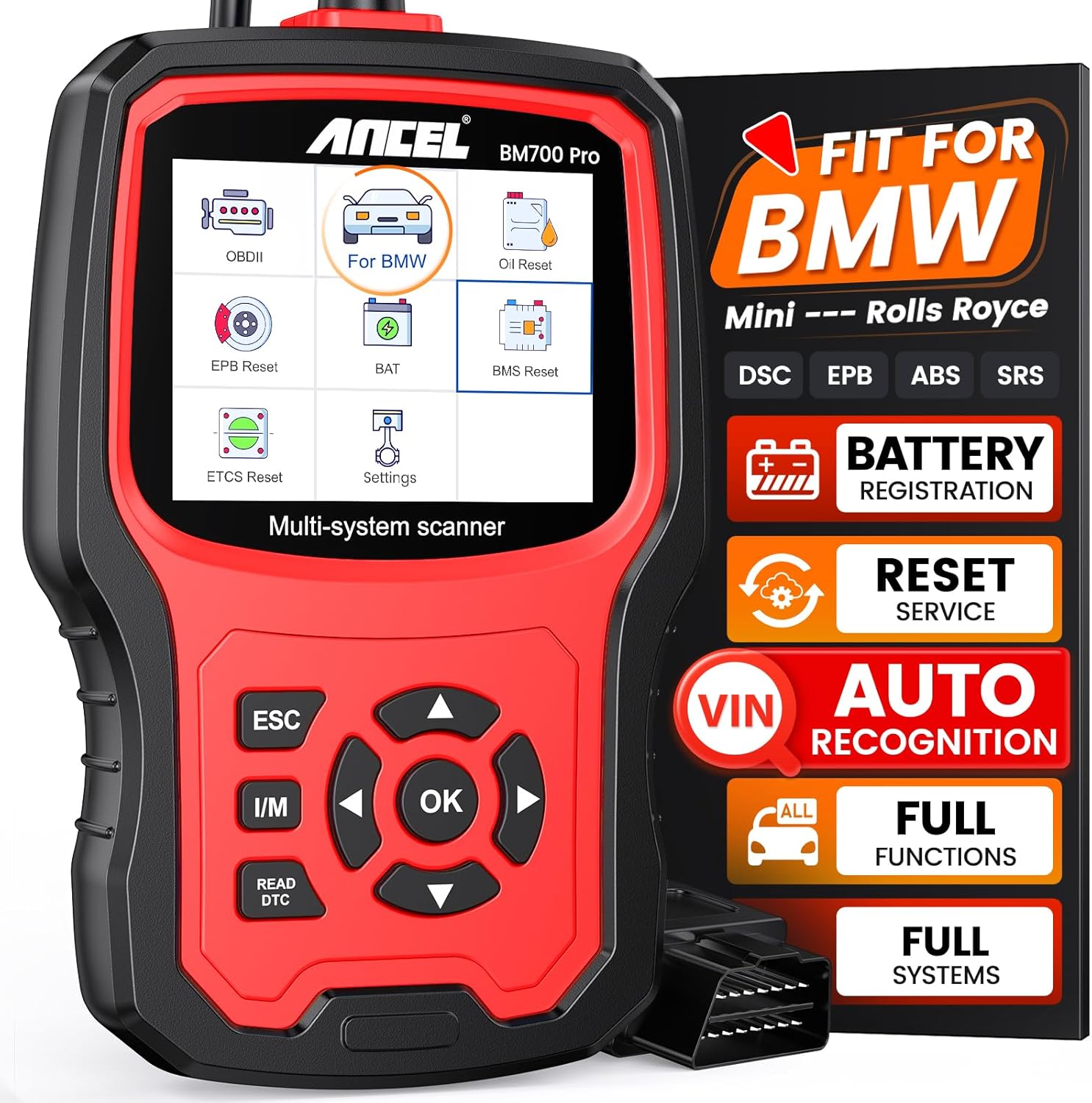 ANCEL BM700 PRO مناسب لماسح BMW - أداة تسجيل البطارية، قارئ الرموز لسيارات BMW/Mini/RR، ماسح OBD2 متقدم مع رقم تعريف السيارة (VIN) التلقائي، تشخيص كامل للنظام لأداة مسح BMW مع جميع خدمات إعادة الضبط (أحمر)