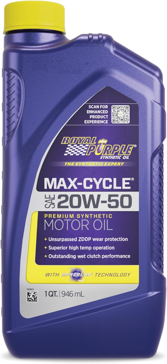 Royal Purple (06316-6PK Max-Cycle 20W-50 High Performance Synthetic Motorcycle Oil - 1 Quart, (Case of 6) 1 Quart, Case of 6