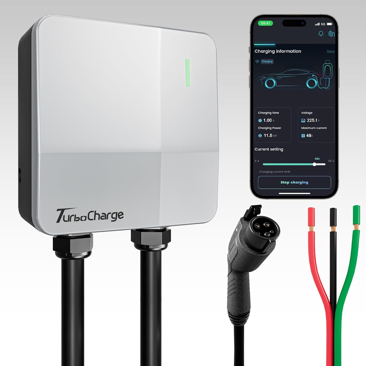 Level 2 EV Charger 48 Amp - Smart EV Charger for Home Level 2 Hardwired, 240V Electric Vehicle Charging Stations 11.5kW, 25ft Cord, Outdoor/Indoor Hardwired J1772